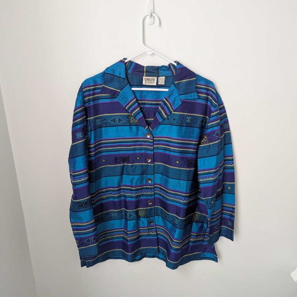 Vintage Chico's Design Women's 100% Silk Striped Embroidered Jacket, 2 (Large)